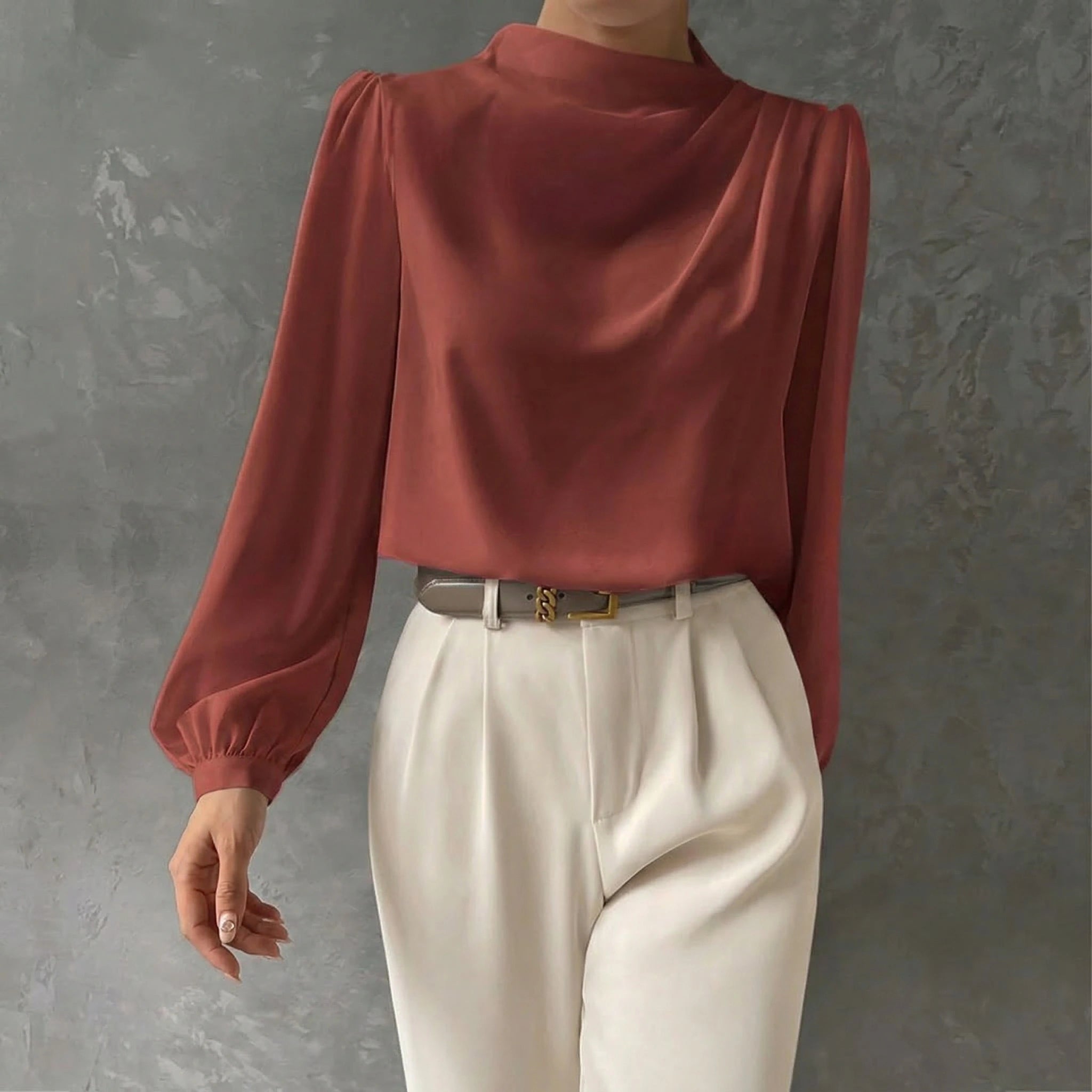 Women's Draped Long Sleeve Blouse with Mock Neck