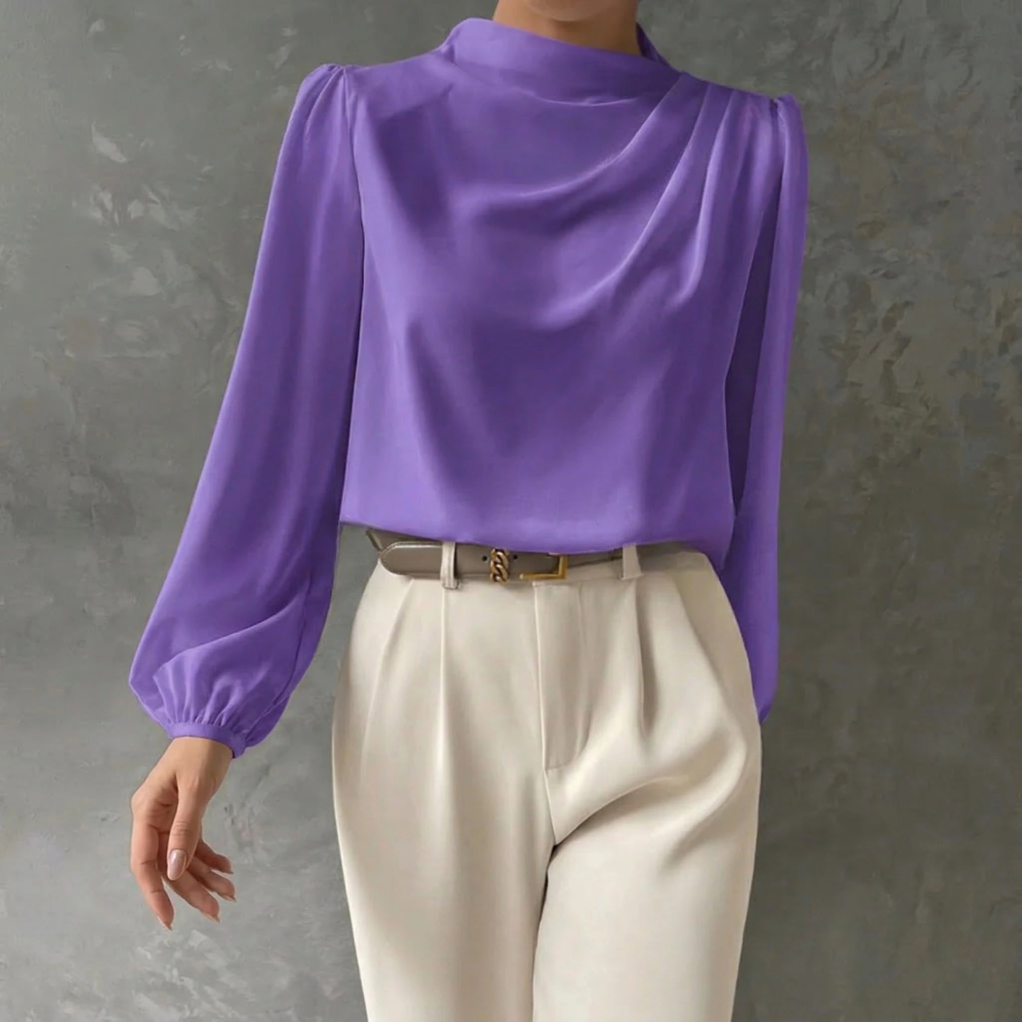Women's Draped Long Sleeve Blouse with Mock Neck