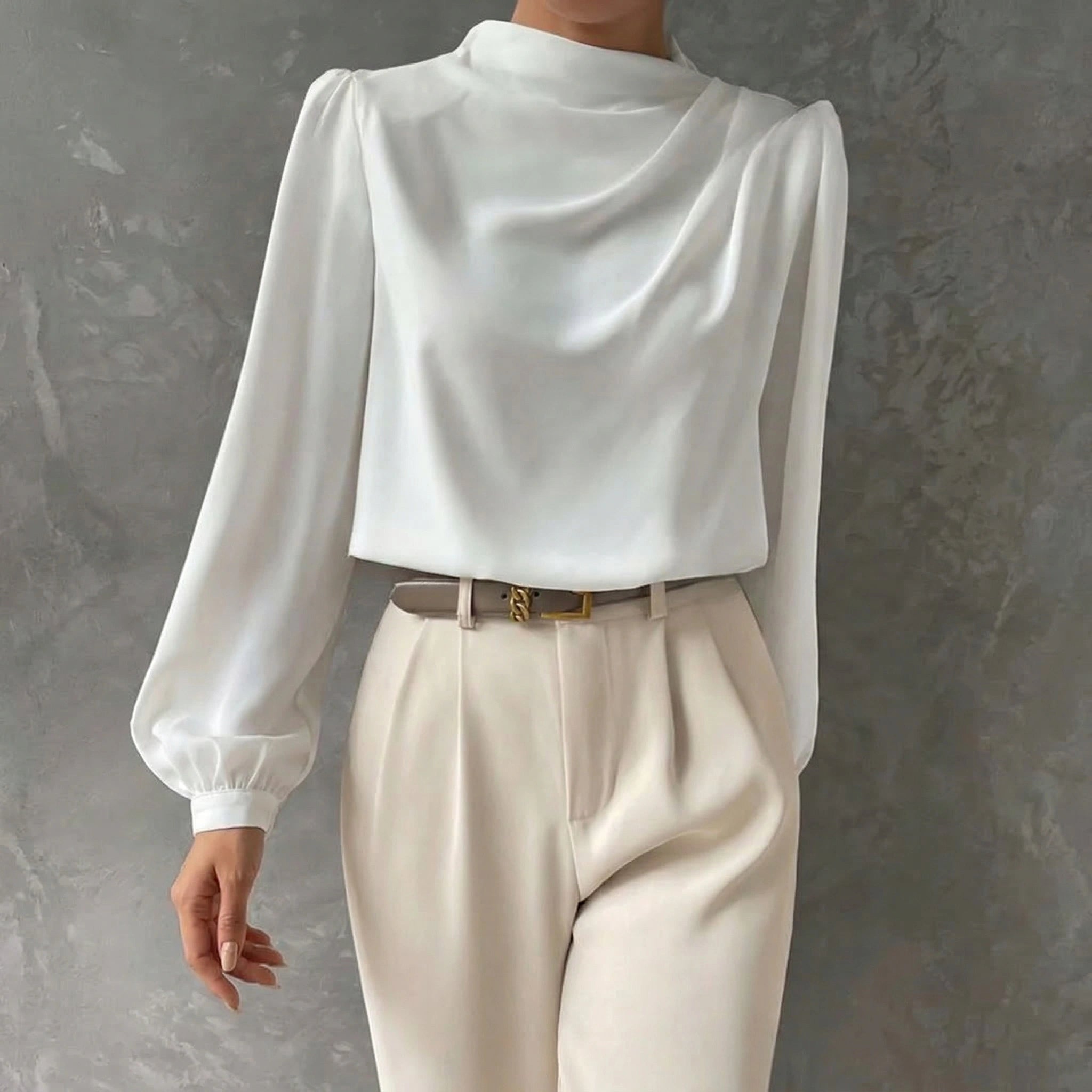Women's Draped Long Sleeve Blouse with Mock Neck