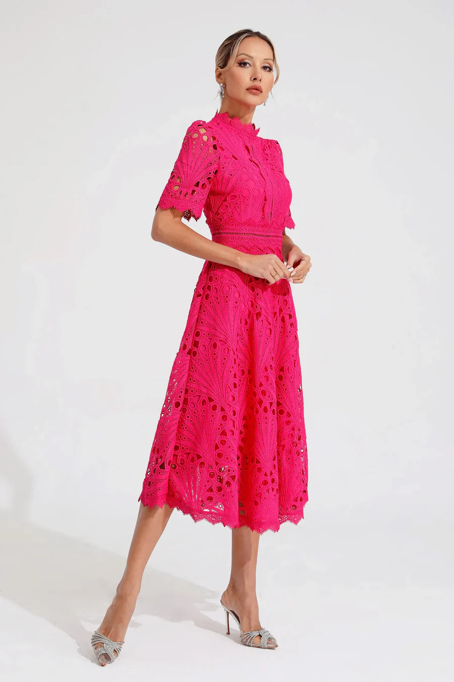 Women's Lace Midi Dress with Short Sleeves and Mock Neck
