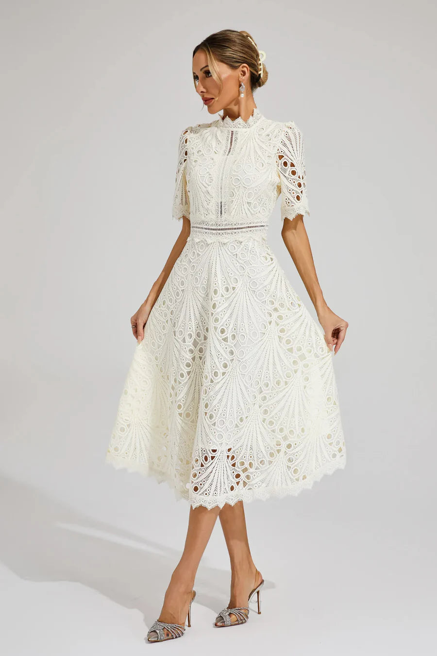 Women's Lace Midi Dress with Short Sleeves and Mock Neck