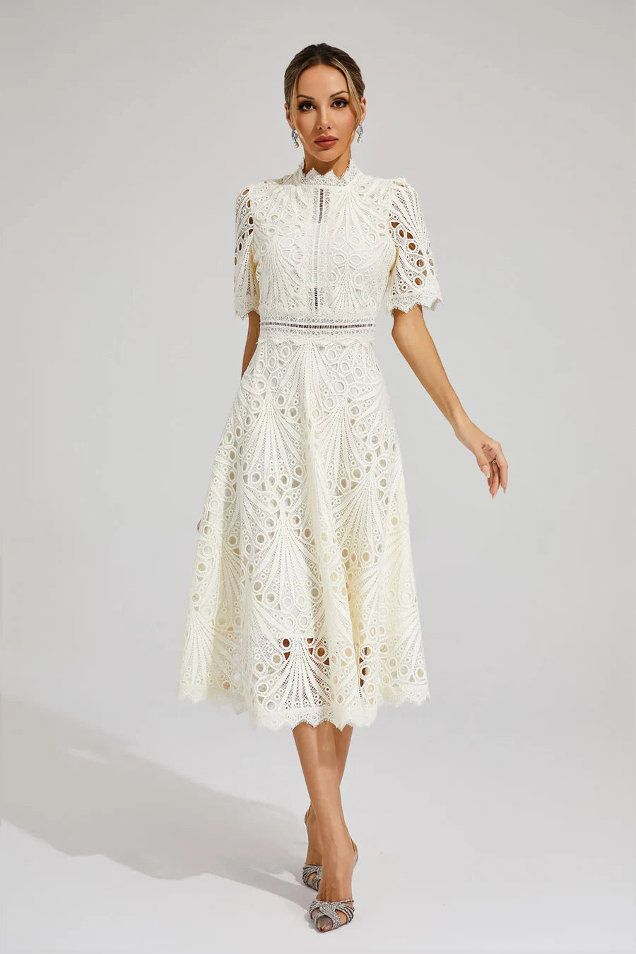 Women's Lace Midi Dress with Short Sleeves and Mock Neck