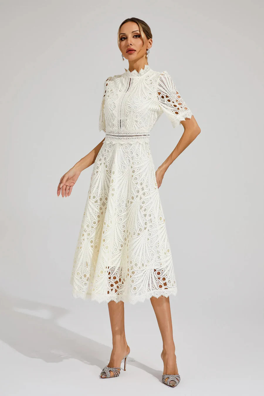 Women's Lace Midi Dress with Short Sleeves and Mock Neck