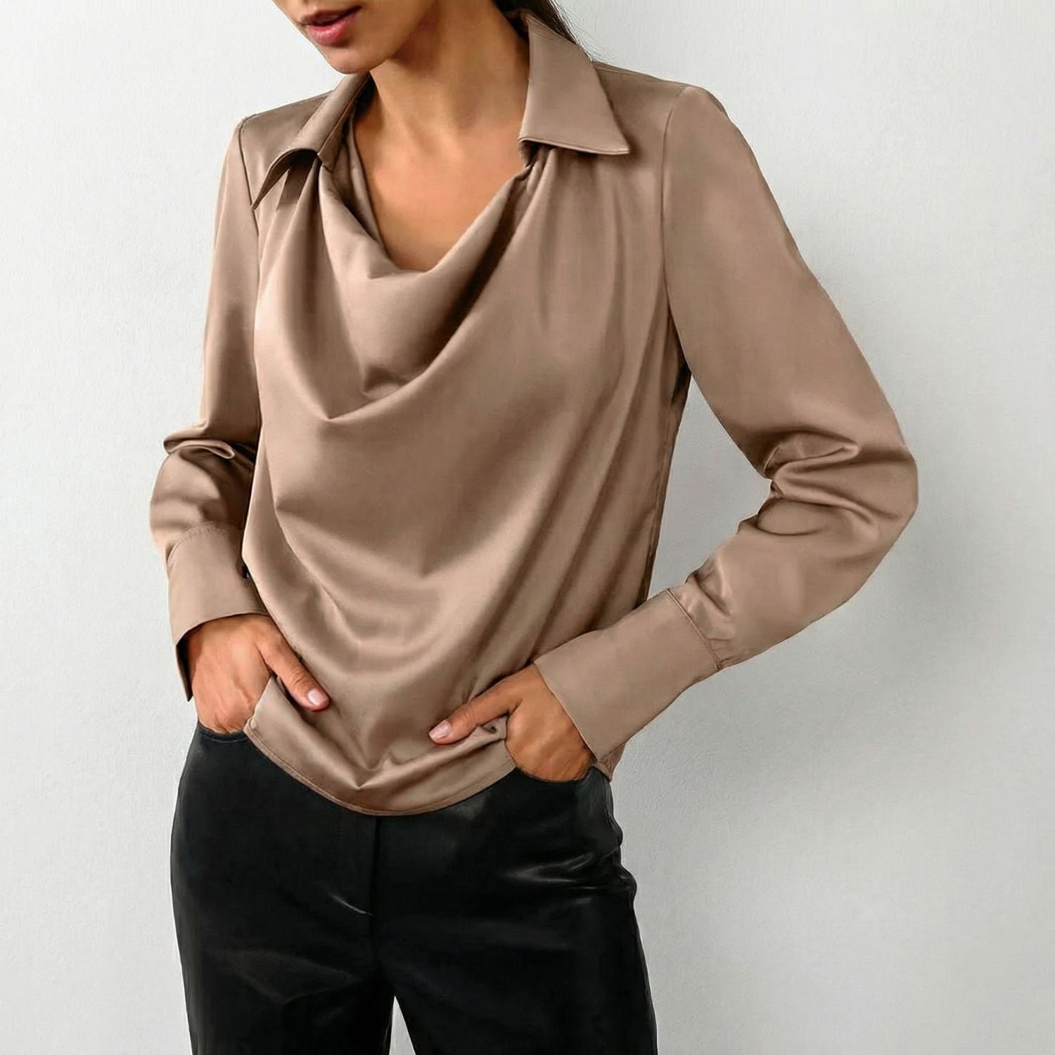 Women's Long Sleeve Blouse with Cowl Neck and Spread Collar