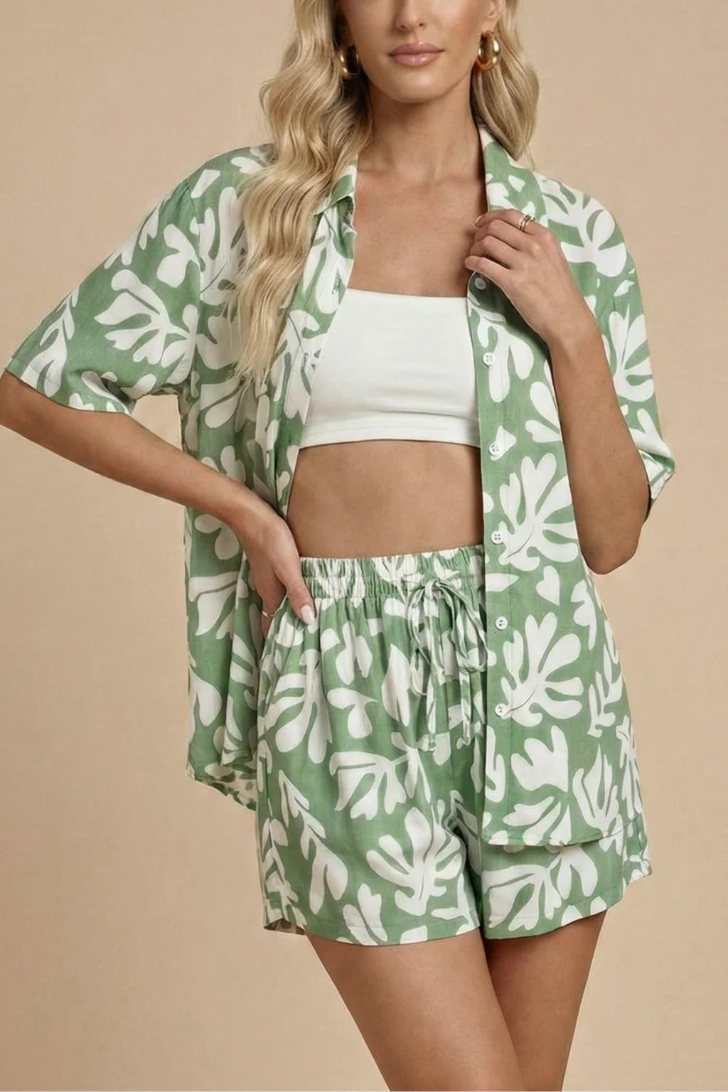 Women's Printed Two Piece Set with Short Sleeve Shirt and Shorts