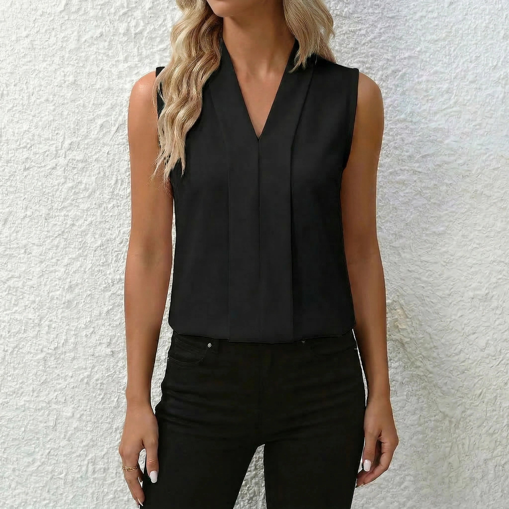 Women's Sleeveless Top with V-Neckline and Front Pleat