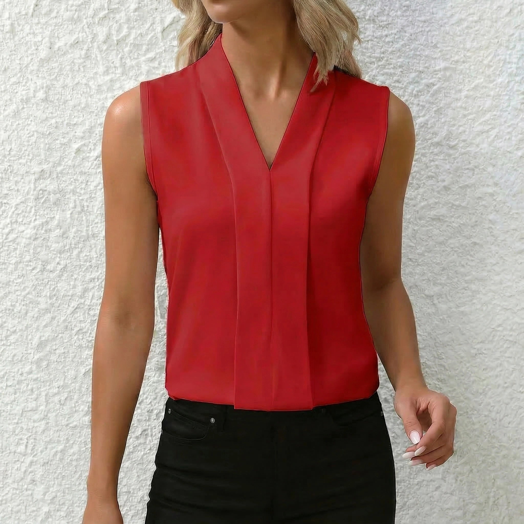 Women's Sleeveless Top with V-Neckline and Front Pleat