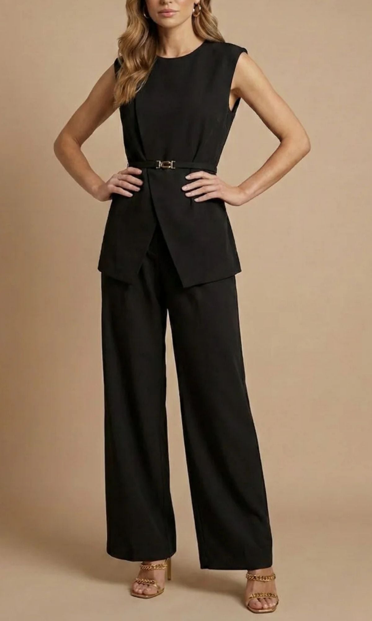 Women's Two Piece Set with Sleeveless Belted Top and Wide Leg Trousers