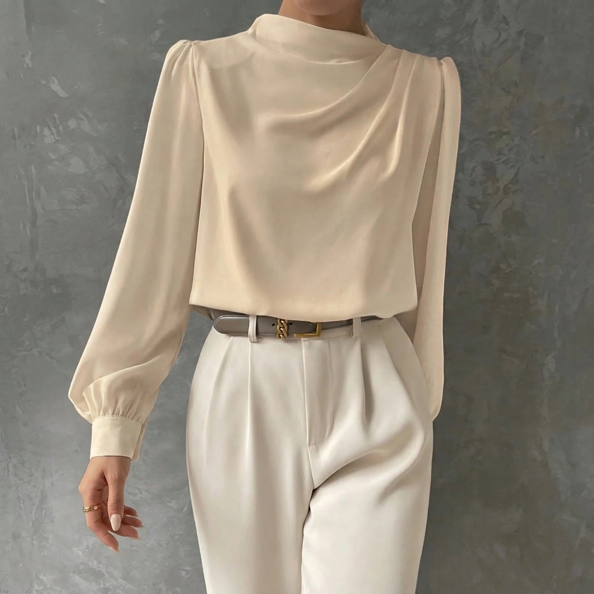 Women's Draped Long Sleeve Blouse with Mock Neck