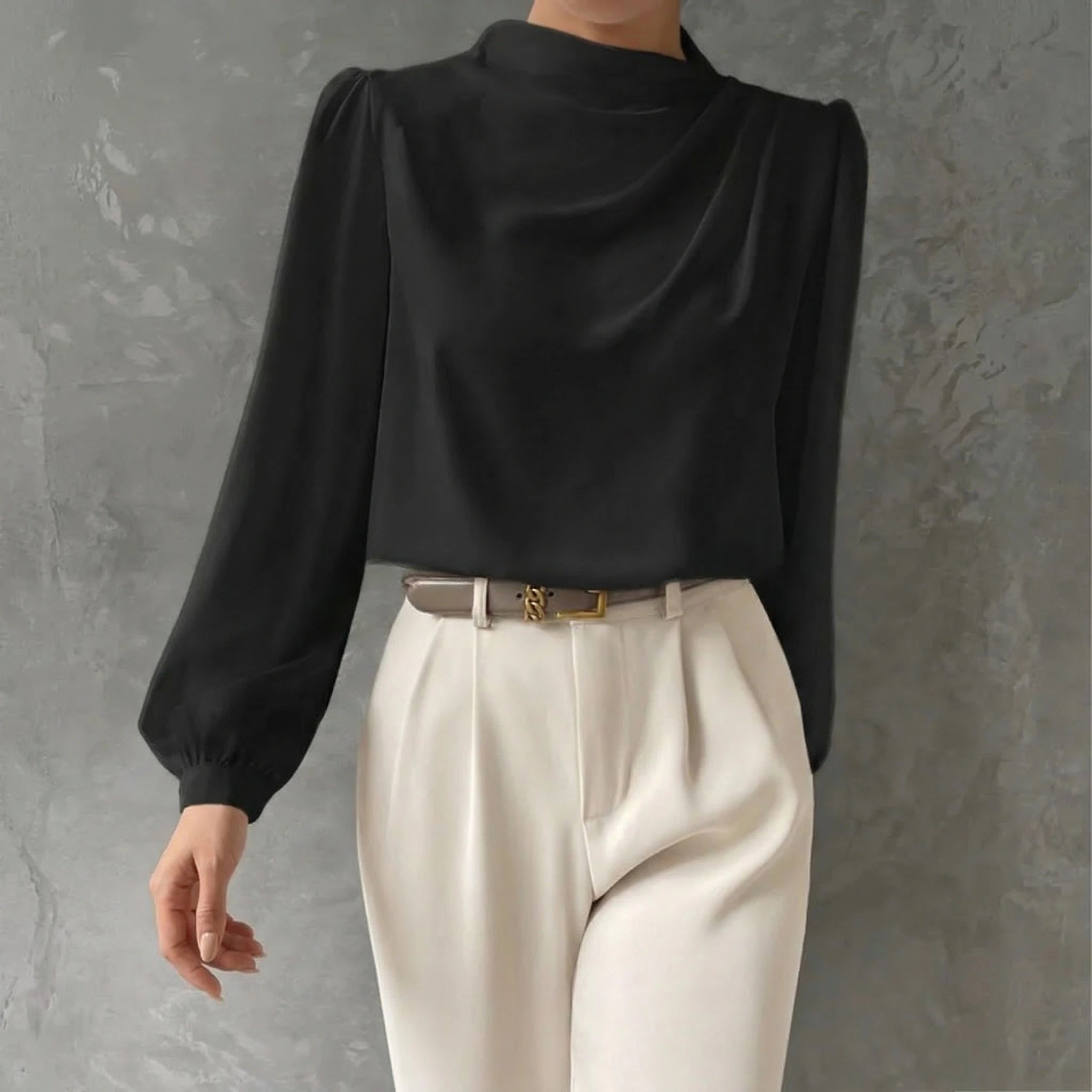 Women's Draped Long Sleeve Blouse with Mock Neck