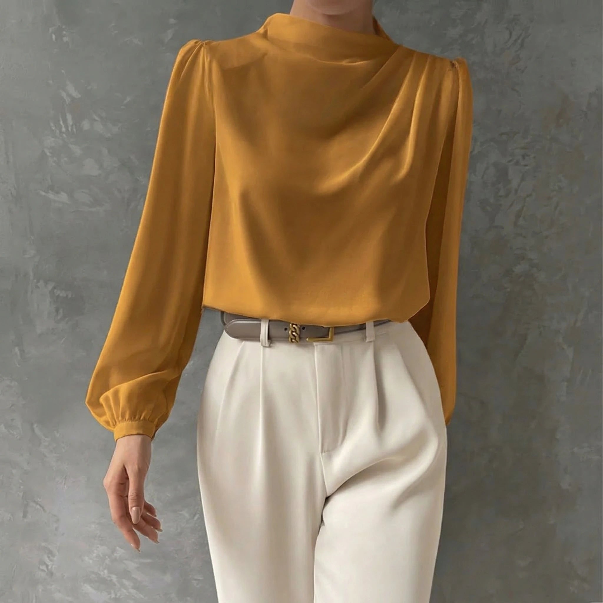 Women's Draped Long Sleeve Blouse with Mock Neck