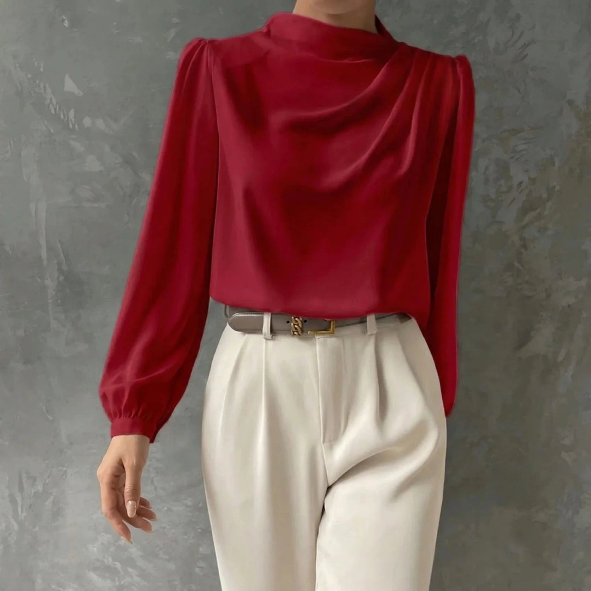 Women's Draped Long Sleeve Blouse with Mock Neck