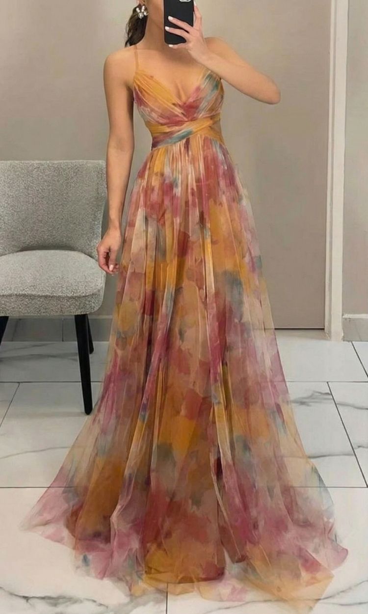Women's Floral Print Pleated Maxi Dress with Spaghetti Straps