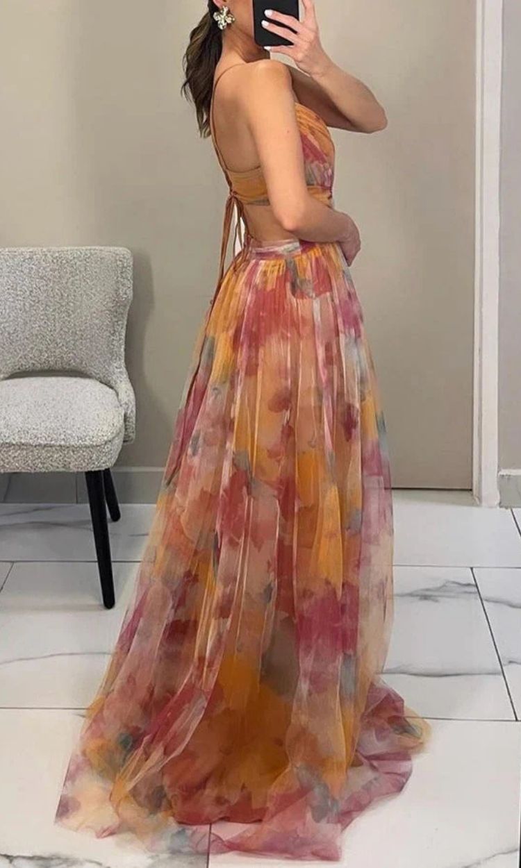 Women's Floral Print Pleated Maxi Dress with Spaghetti Straps