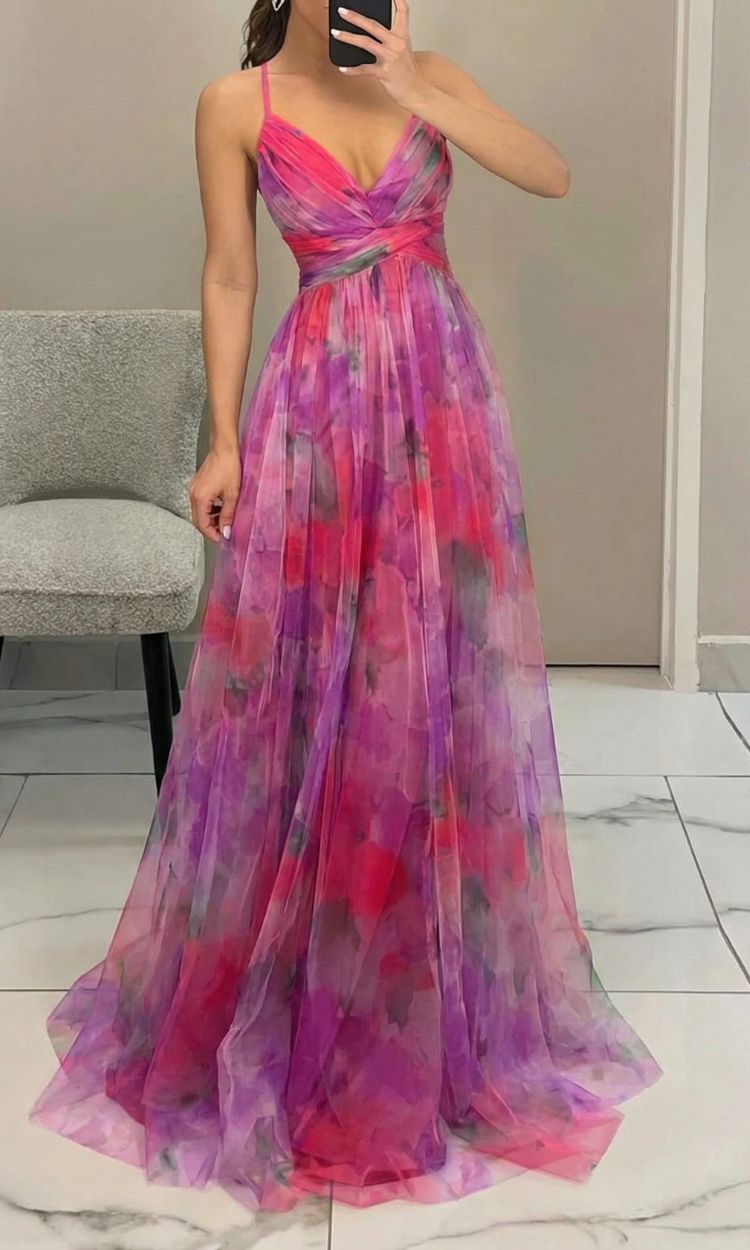 Women's Floral Print Pleated Maxi Dress with Spaghetti Straps