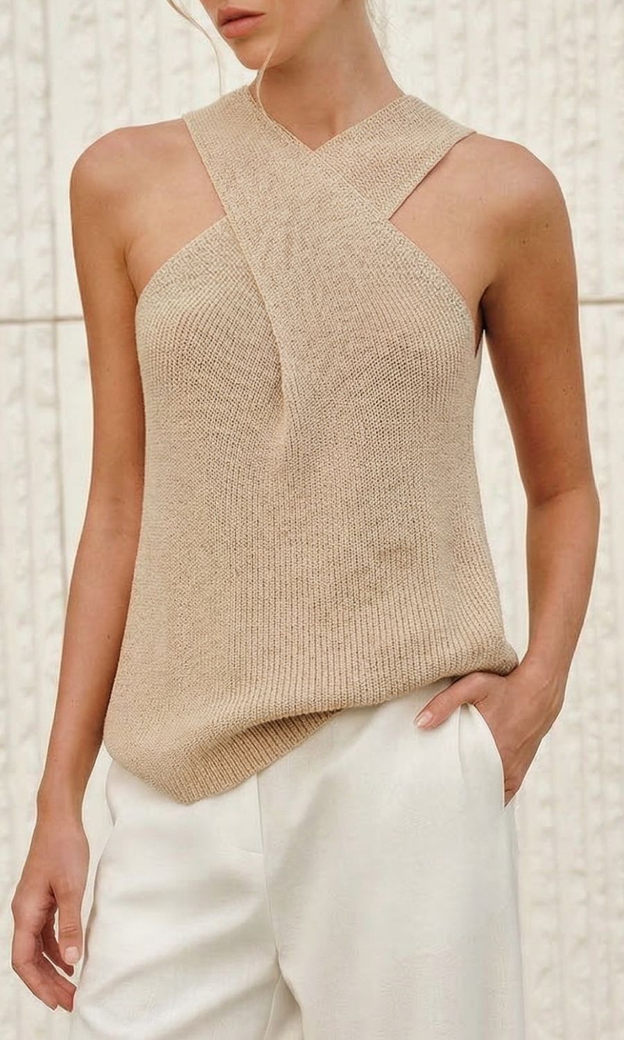 Women's Knit Halter Top with Crossover Neckline