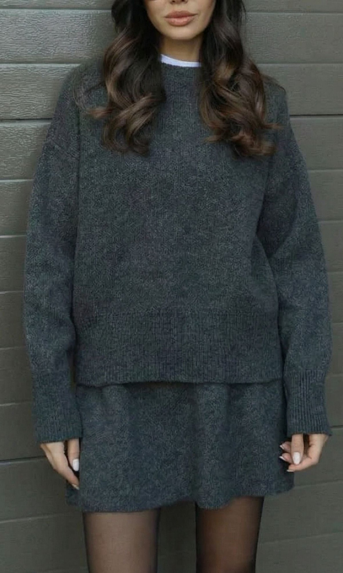 Women's Knit Two Piece Set with Crew Neck Sweater and Mini Skirt