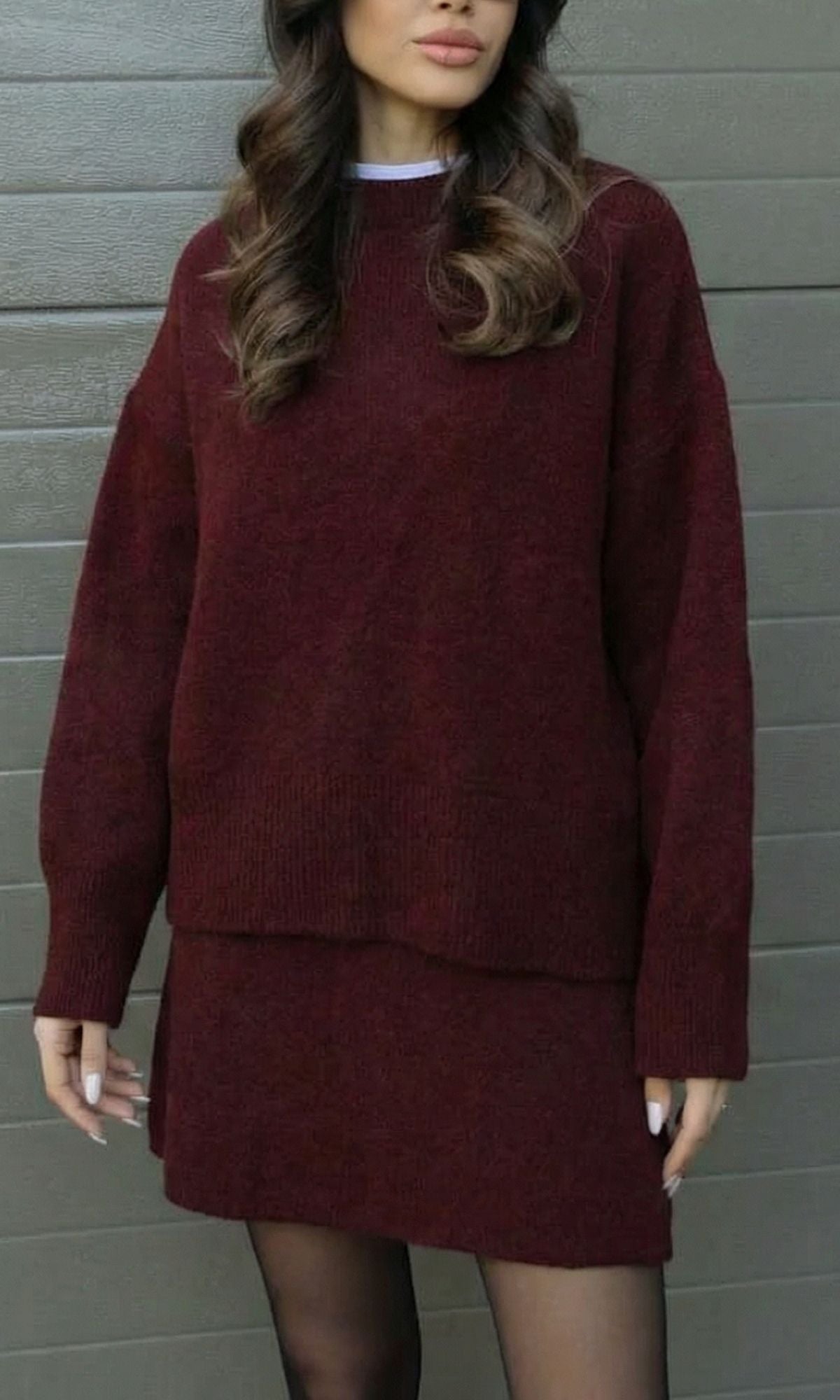 Women's Knit Two Piece Set with Crew Neck Sweater and Mini Skirt