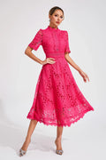 Women's Lace Midi Dress with Short Sleeves and Mock Neck
