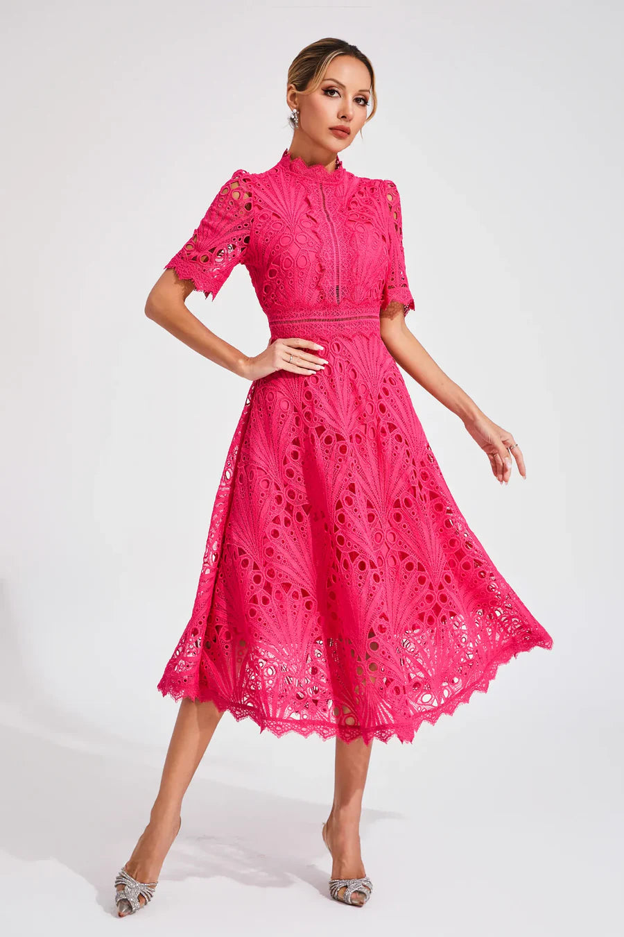 Women's Lace Midi Dress with Short Sleeves and Mock Neck