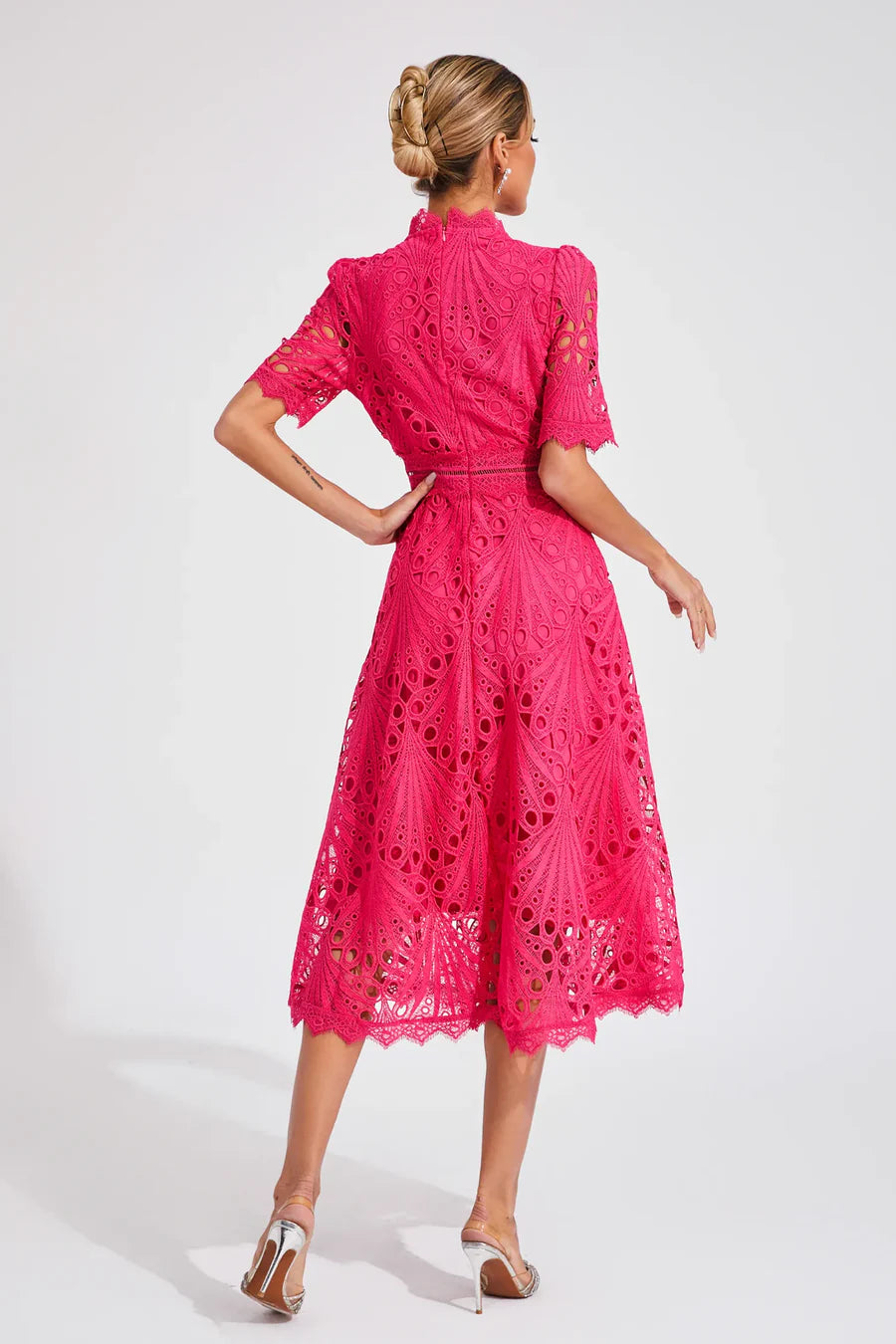 Women's Lace Midi Dress with Short Sleeves and Mock Neck