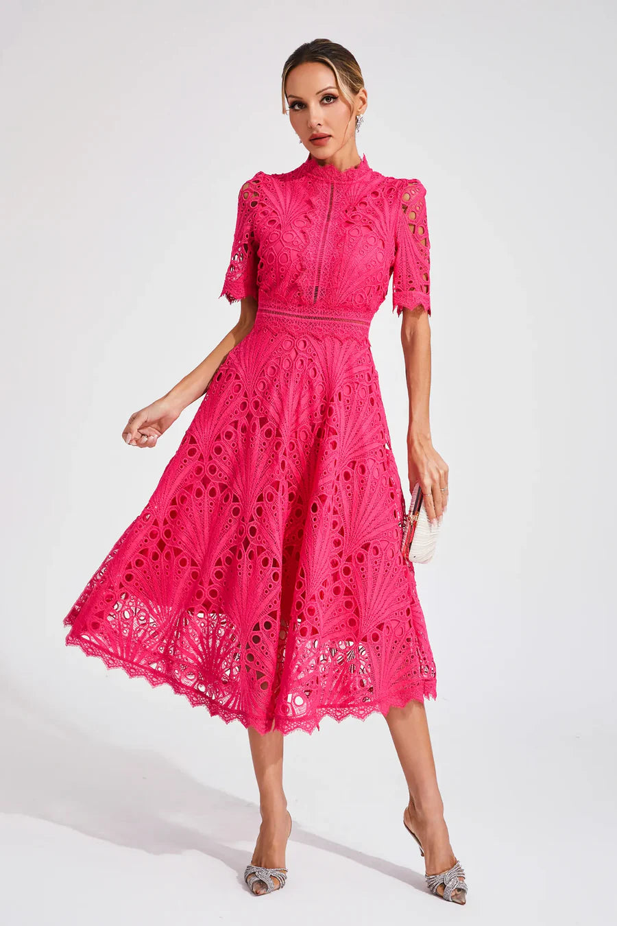 Women's Lace Midi Dress with Short Sleeves and Mock Neck