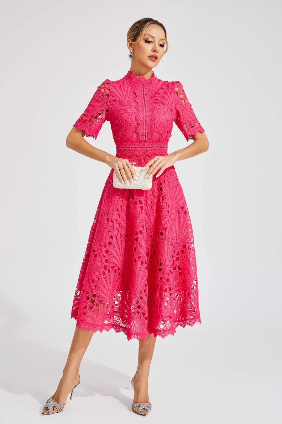 Women's Lace Midi Dress with Short Sleeves and Mock Neck