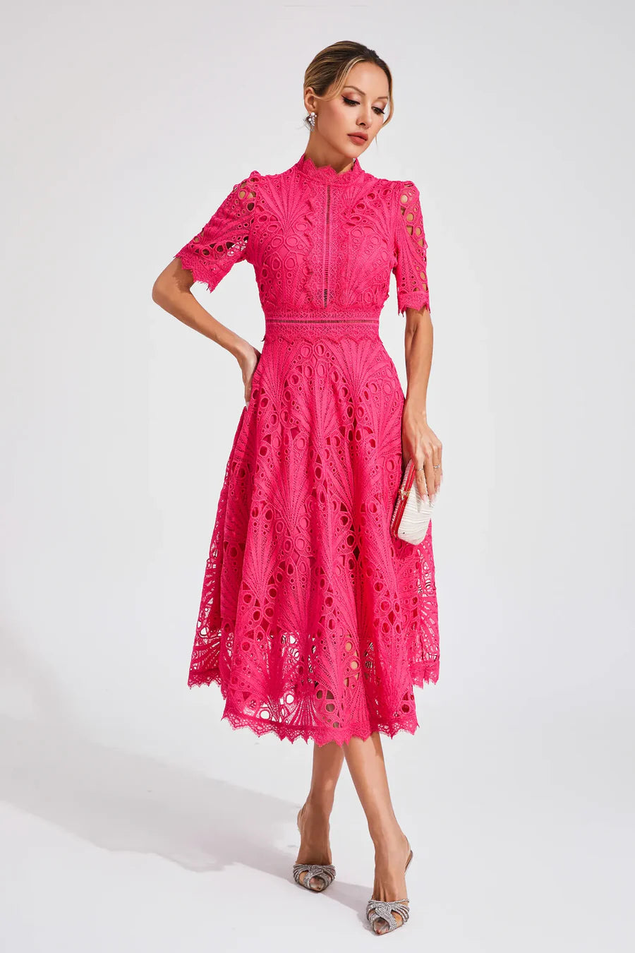 Women's Lace Midi Dress with Short Sleeves and Mock Neck