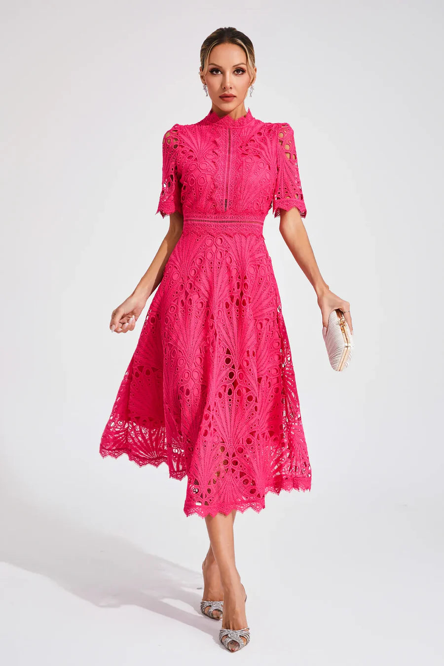 Women's Lace Midi Dress with Short Sleeves and Mock Neck