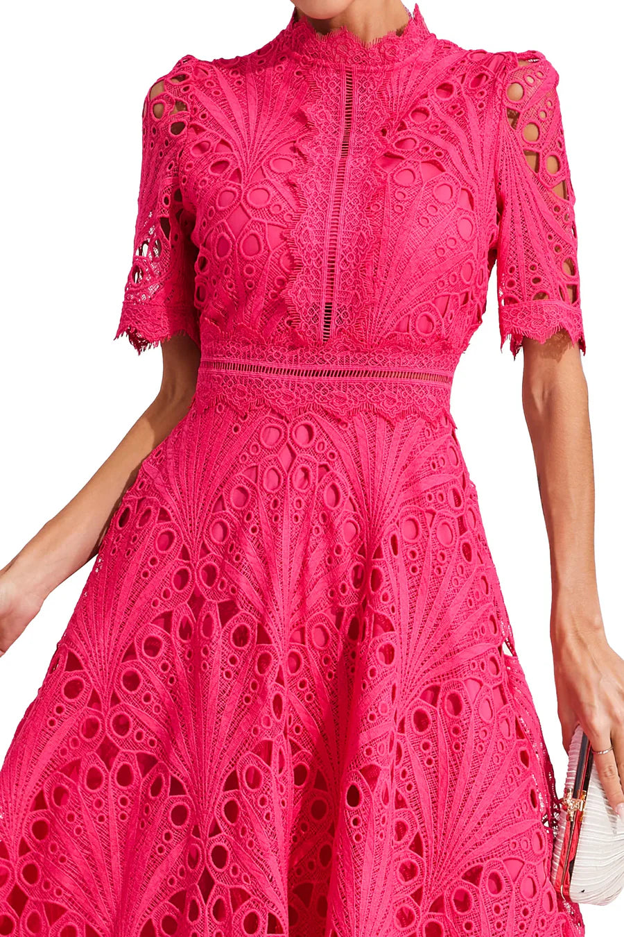 Women's Lace Midi Dress with Short Sleeves and Mock Neck