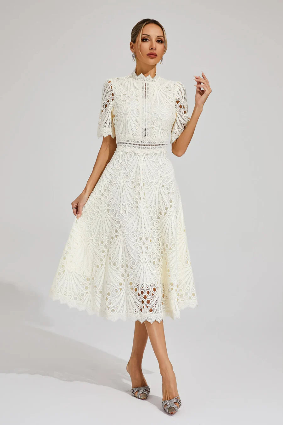 Women's Lace Midi Dress with Short Sleeves and Mock Neck