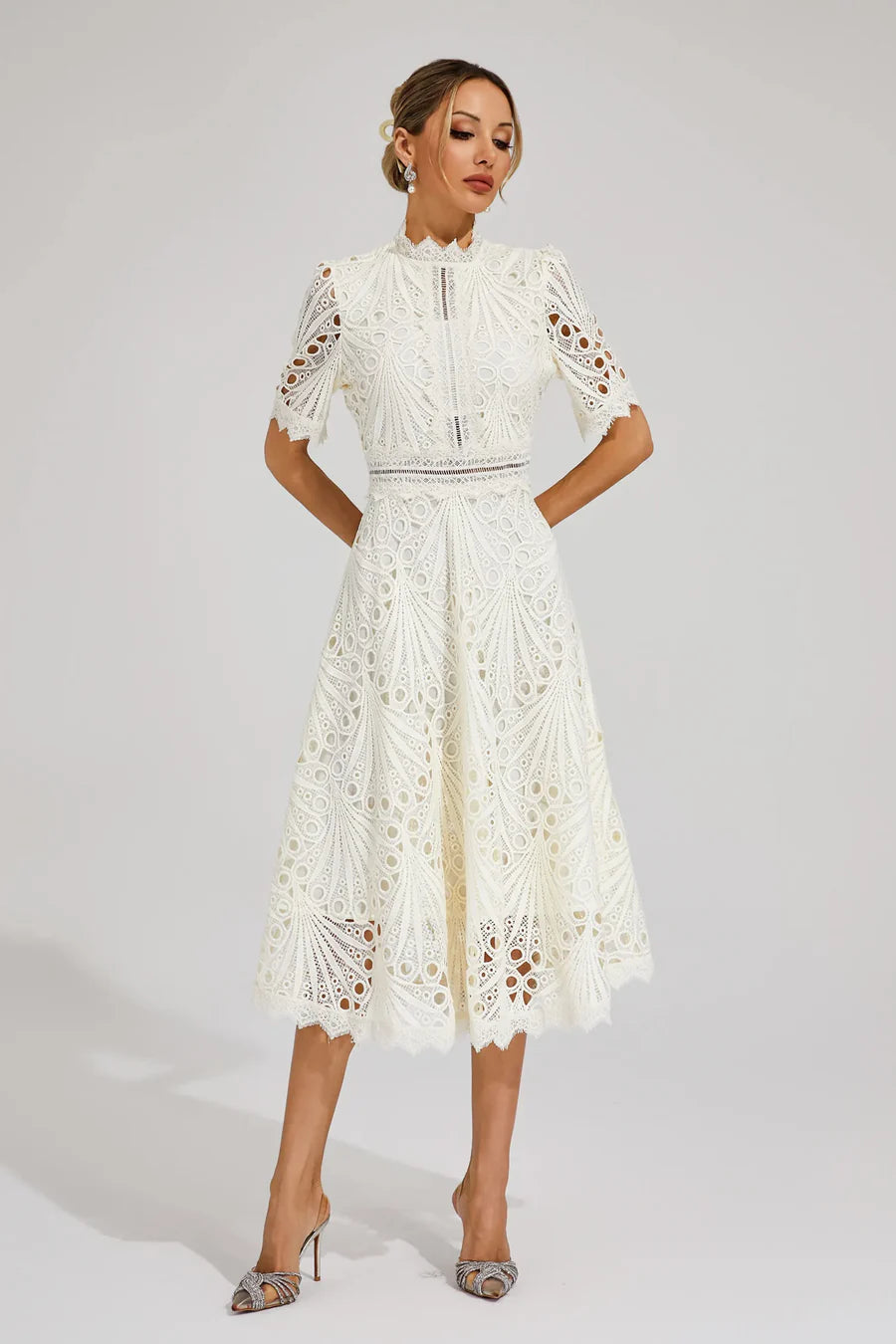 Women's Lace Midi Dress with Short Sleeves and Mock Neck