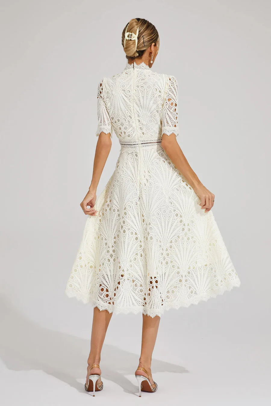 Women's Lace Midi Dress with Short Sleeves and Mock Neck