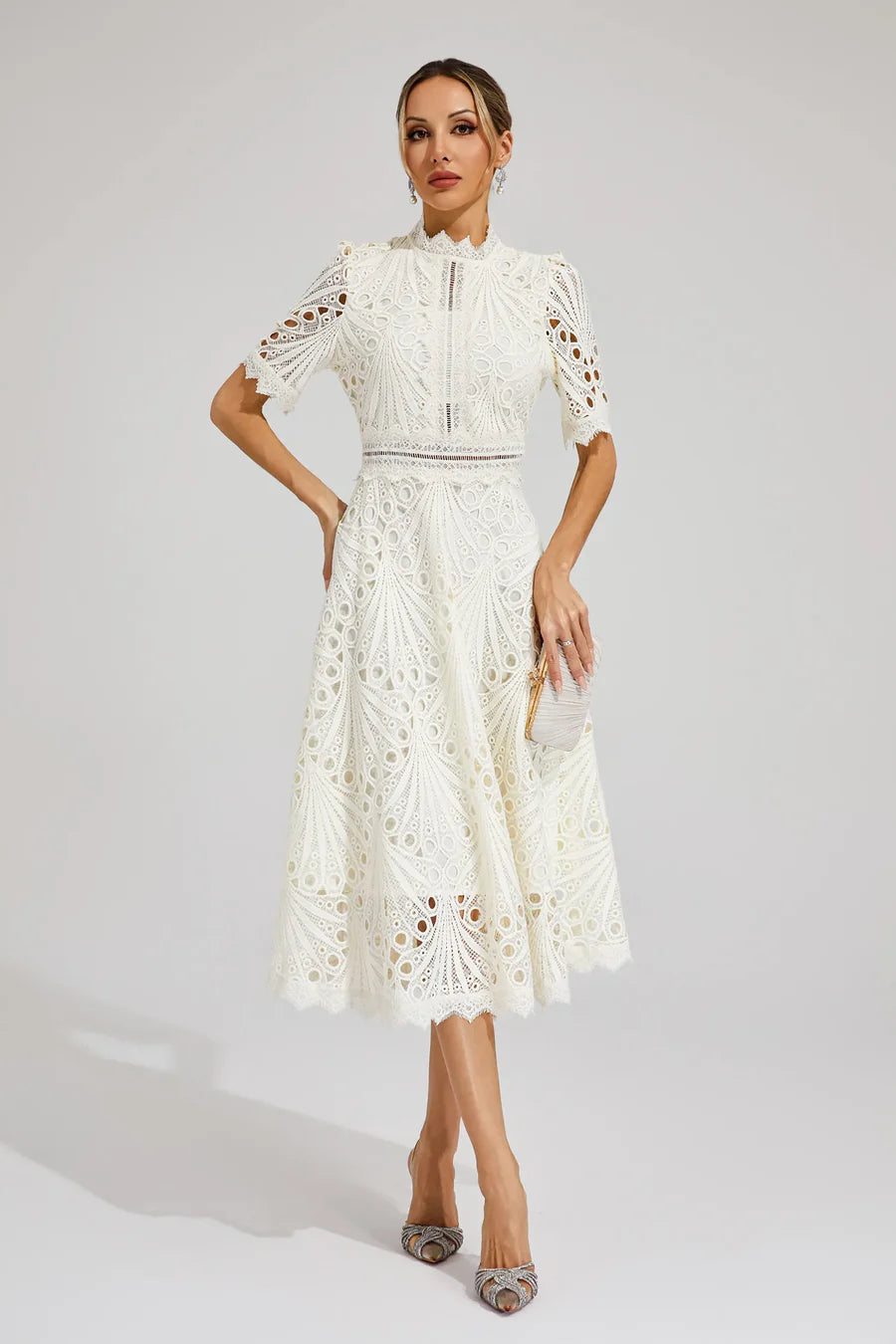 Women's Lace Midi Dress with Short Sleeves and Mock Neck