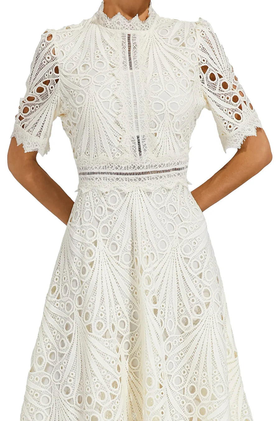 Women's Lace Midi Dress with Short Sleeves and Mock Neck