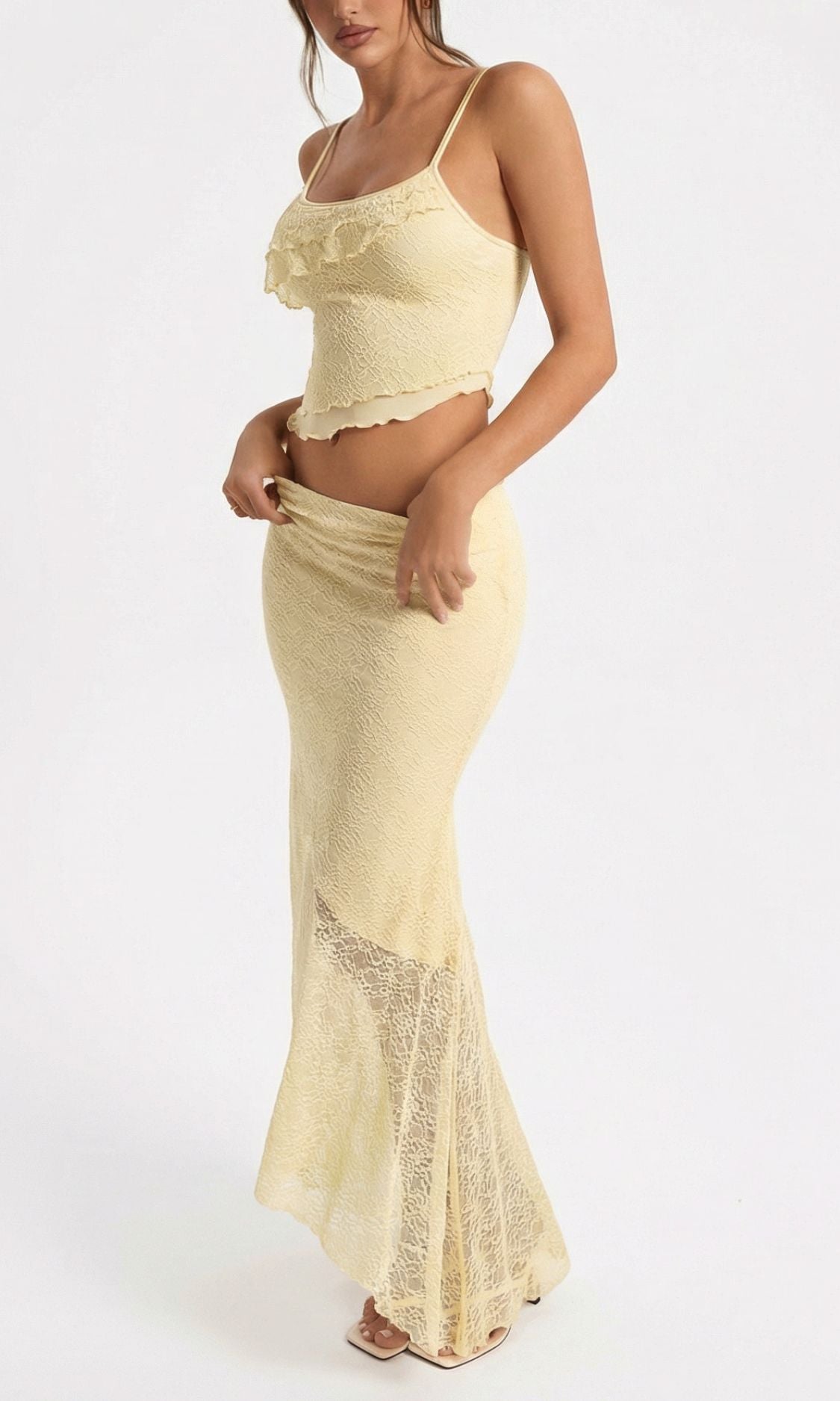 Women's Lace Two Piece Set with Crop Top and Maxi Skirt