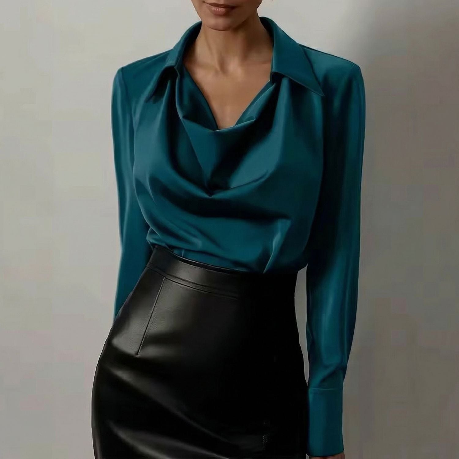 Women's Long Sleeve Blouse with Cowl Neck and Spread Collar