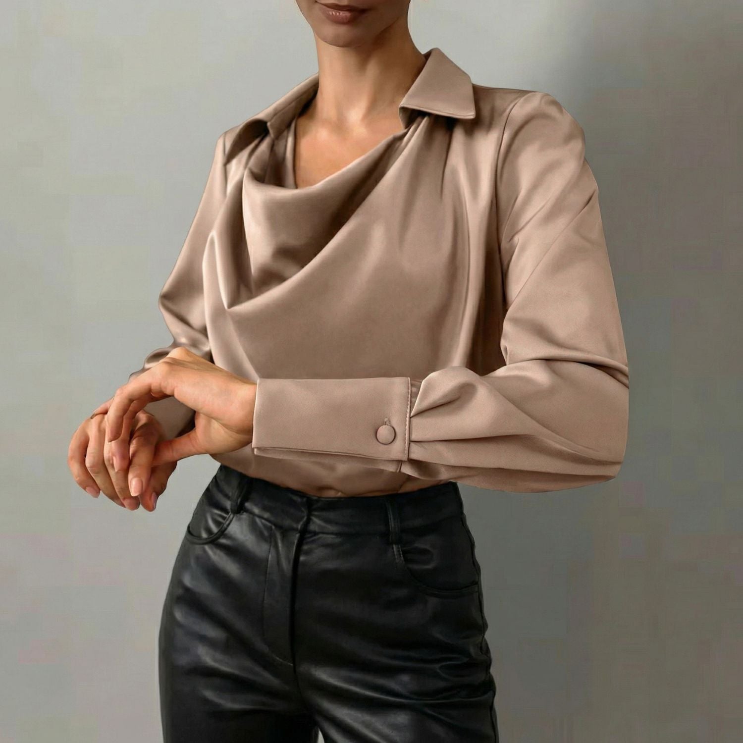 Women's Long Sleeve Blouse with Cowl Neck and Spread Collar