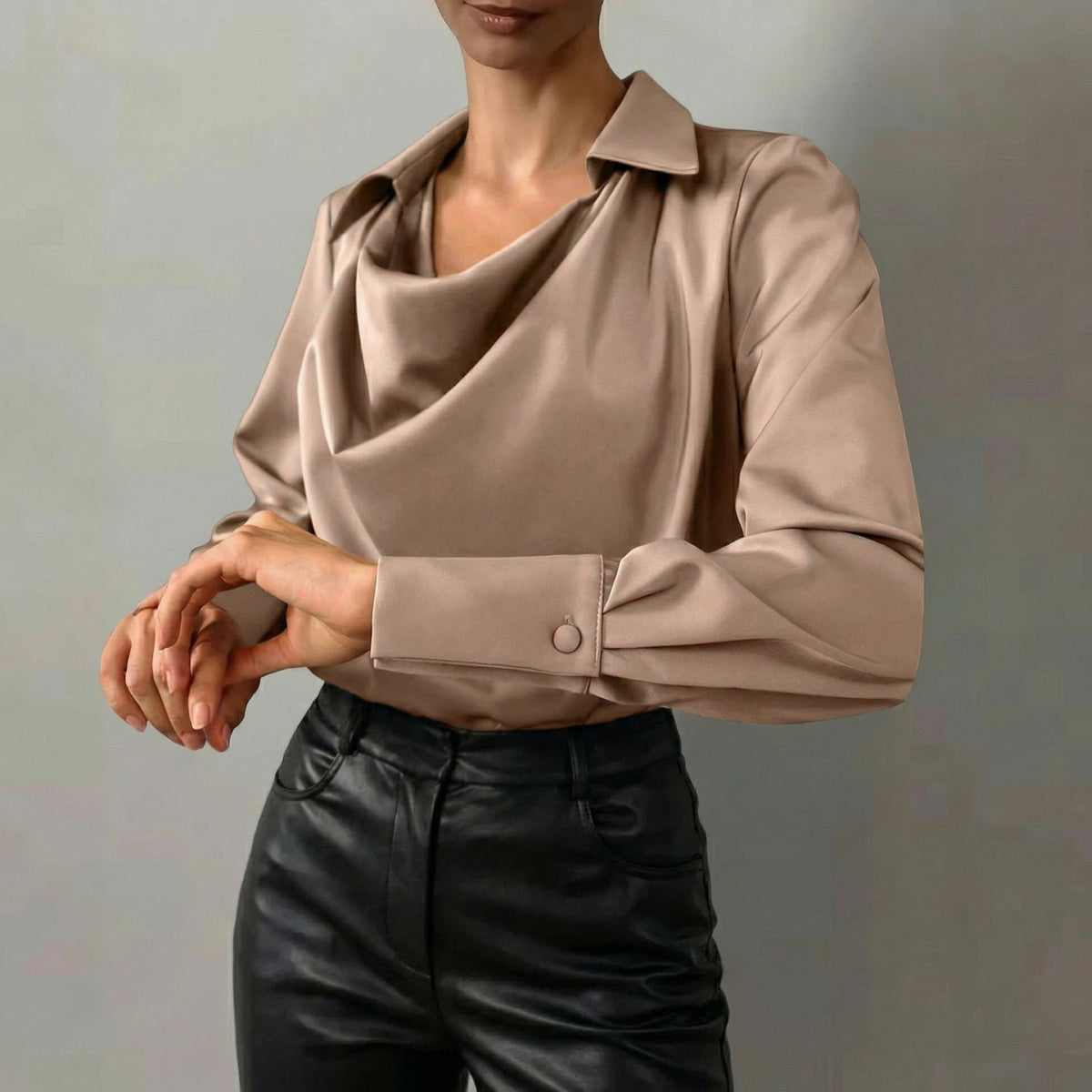 Women's Long Sleeve Blouse with Cowl Neck and Spread Collar