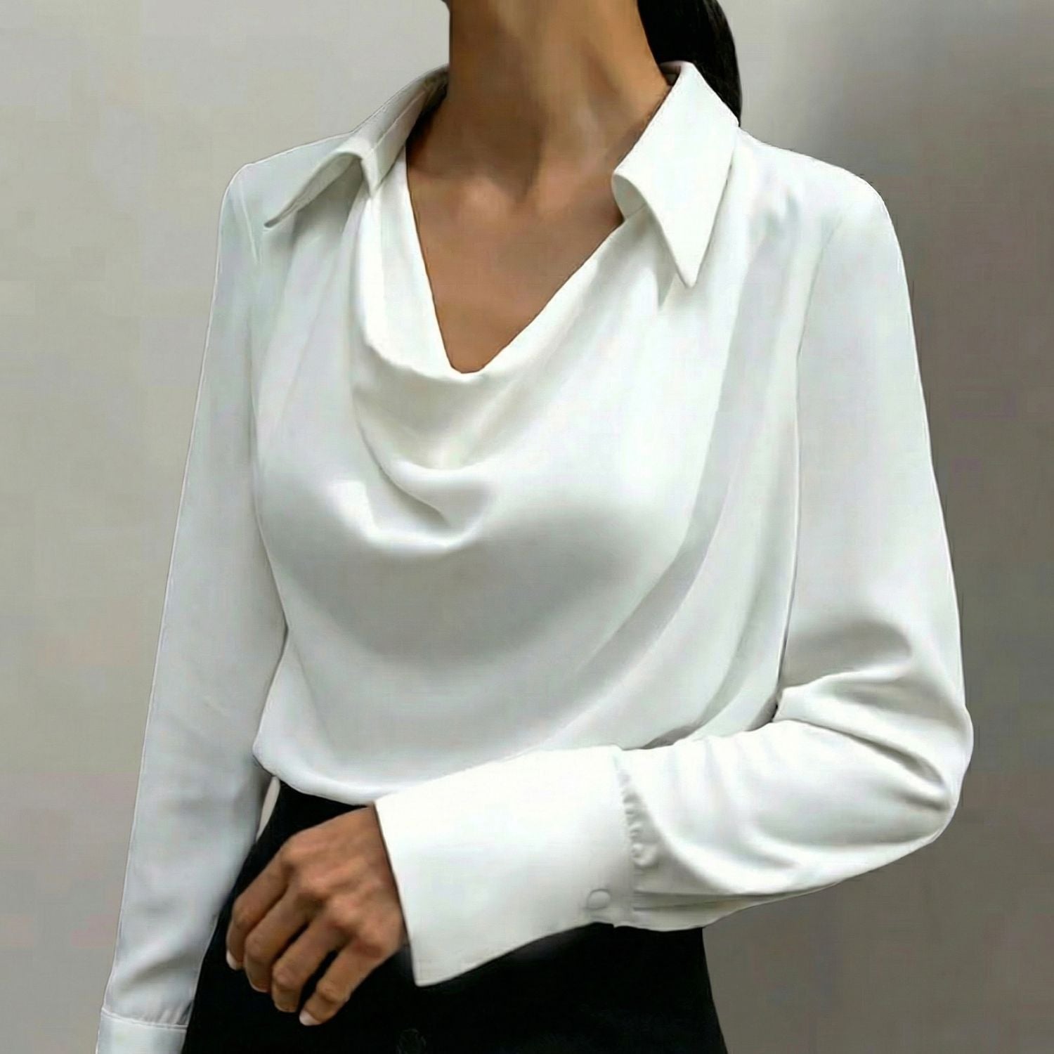 Women's Long Sleeve Blouse with Cowl Neck and Spread Collar