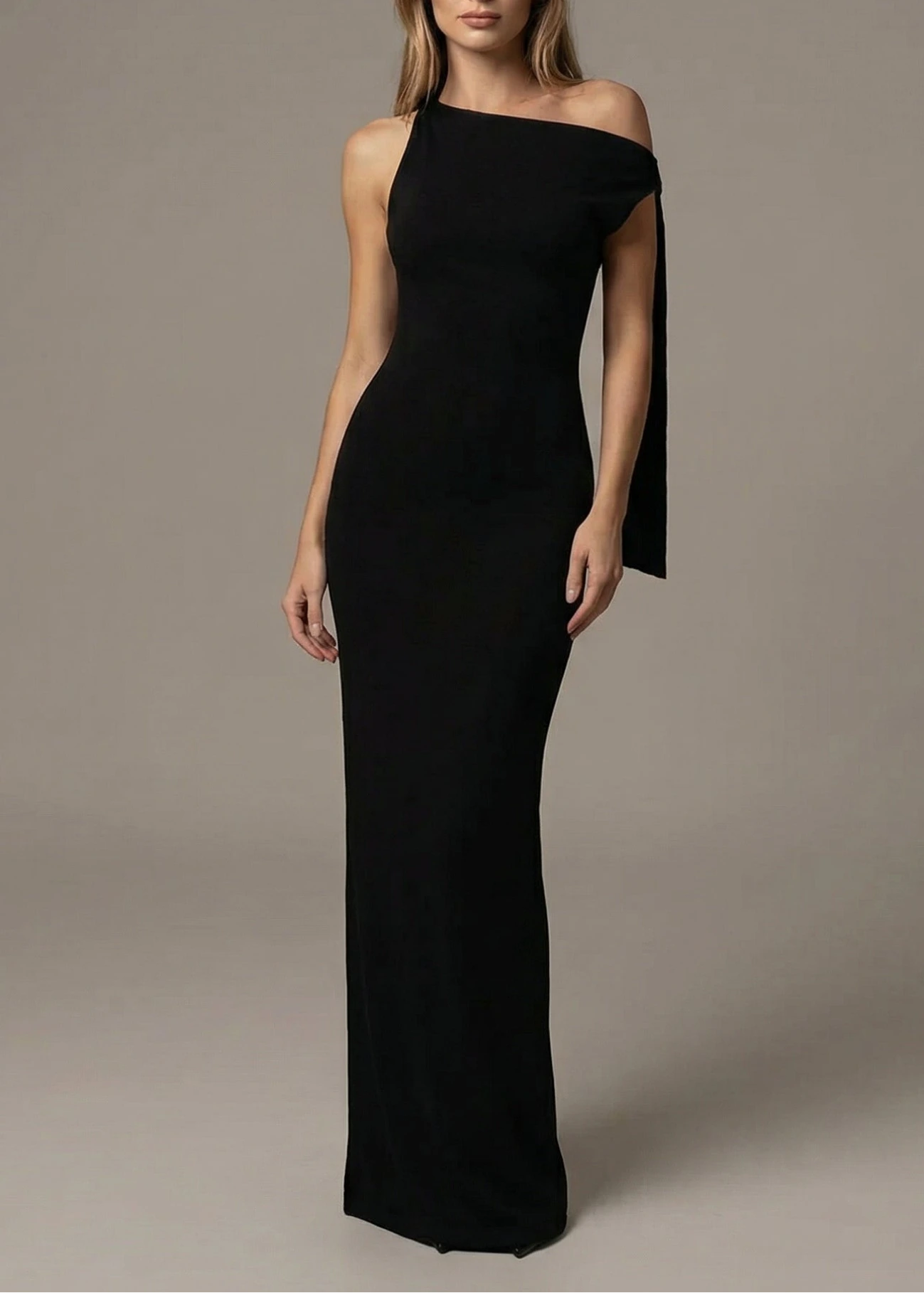 Women's One-Shoulder Bodycon Maxi Dress with Bow Detail