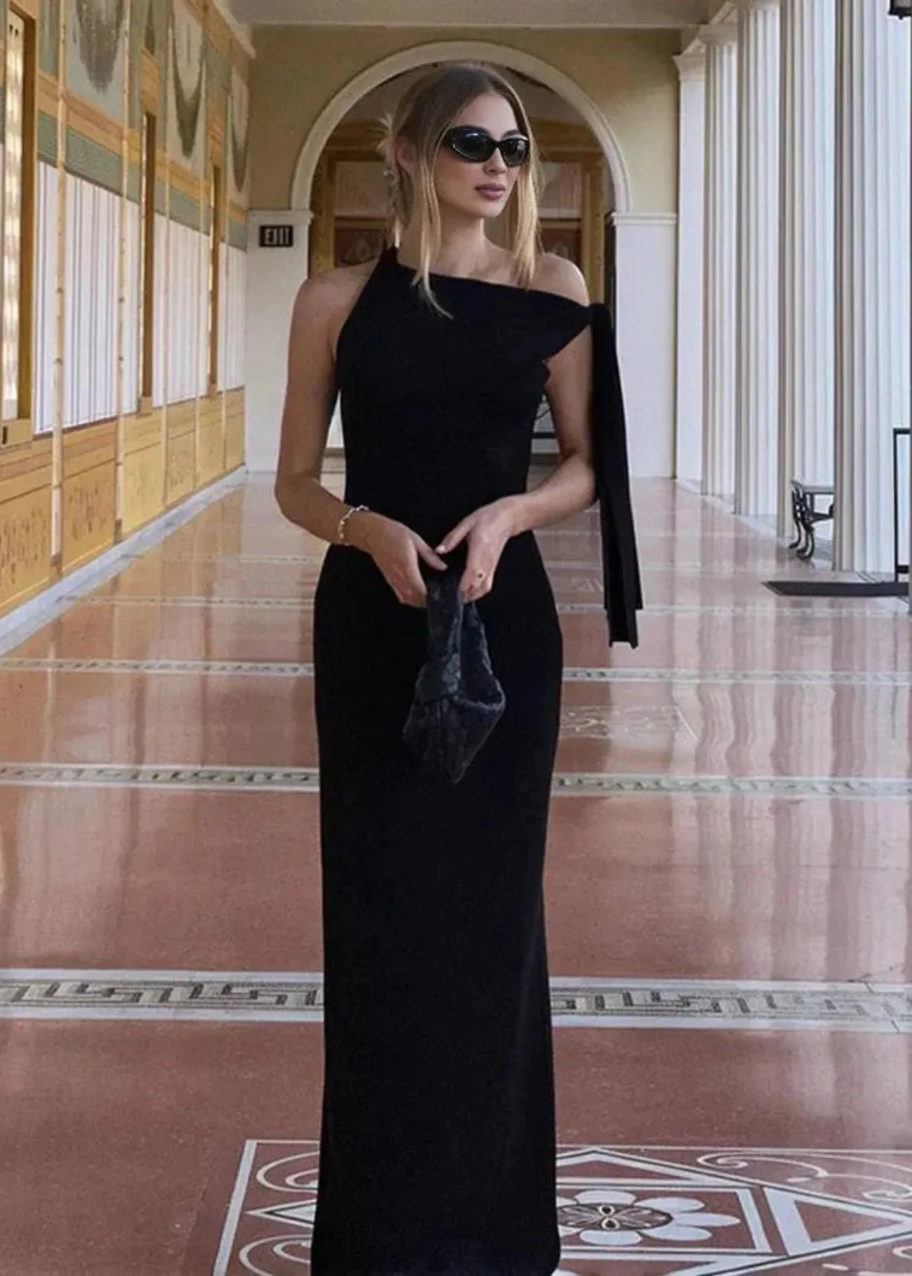 Women's One-Shoulder Bodycon Maxi Dress with Bow Detail