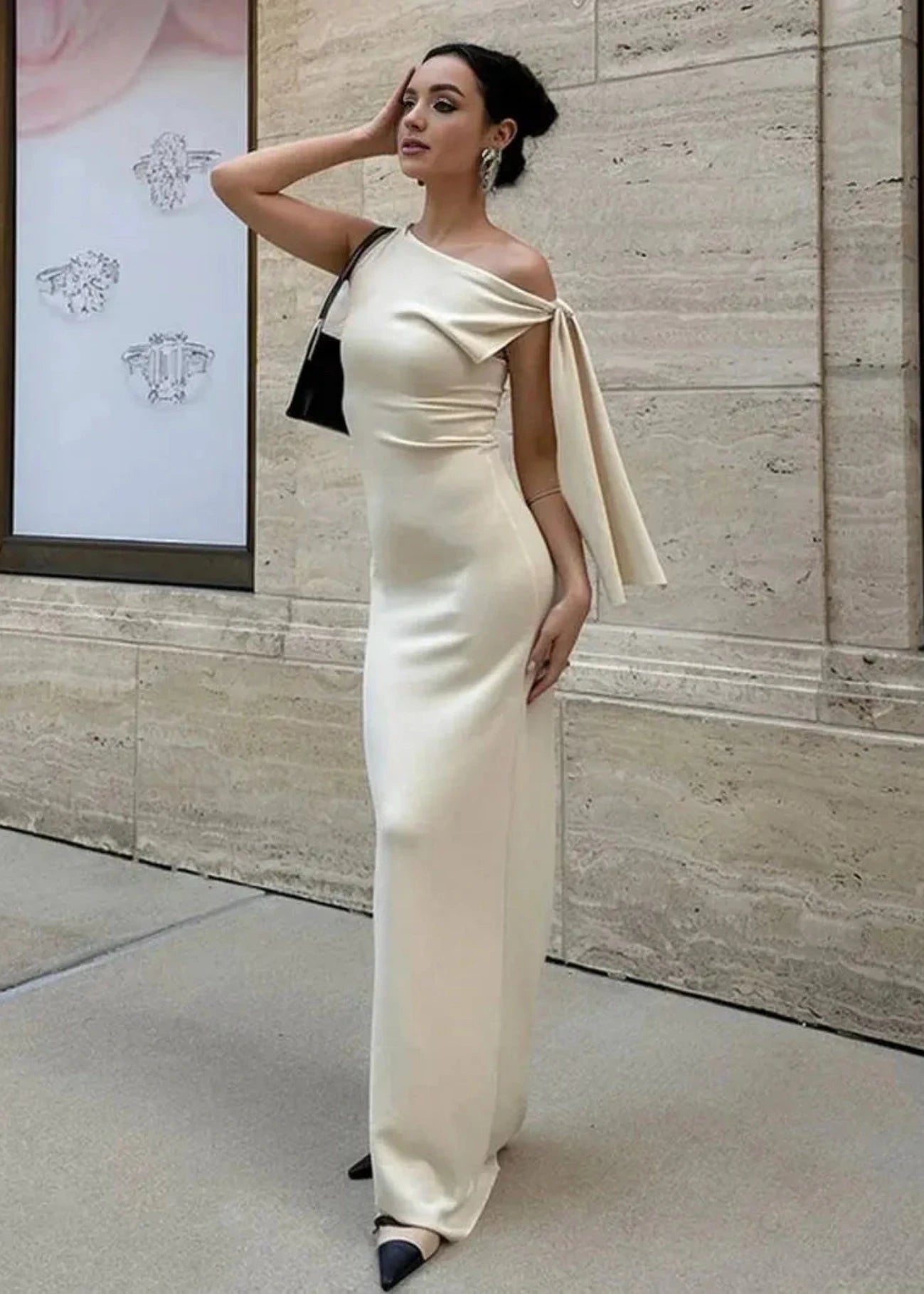 Women's One-Shoulder Bodycon Maxi Dress with Bow Detail