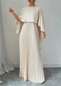 Women's Pleated Maxi Dress with Cape Overlay and Round Neckline