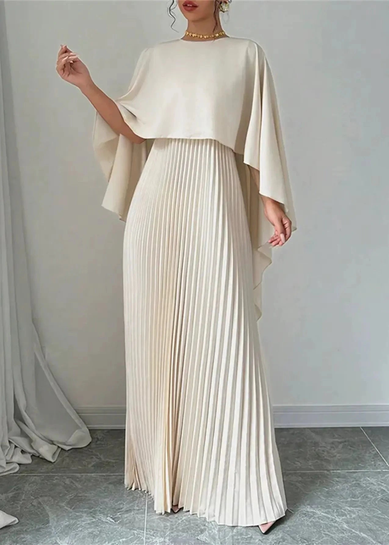 Women's Pleated Maxi Dress with Cape Overlay and Round Neckline