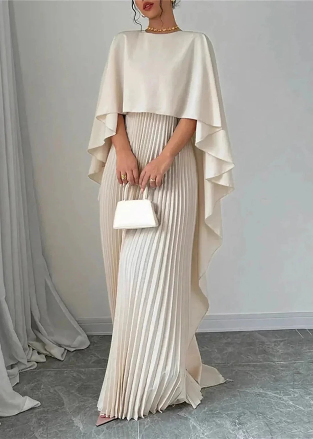 Women's Pleated Maxi Dress with Cape Overlay and Round Neckline