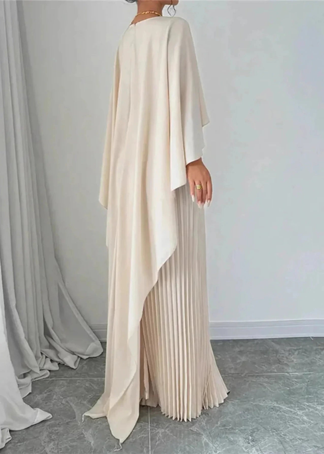 Women's Pleated Maxi Dress with Cape Overlay and Round Neckline
