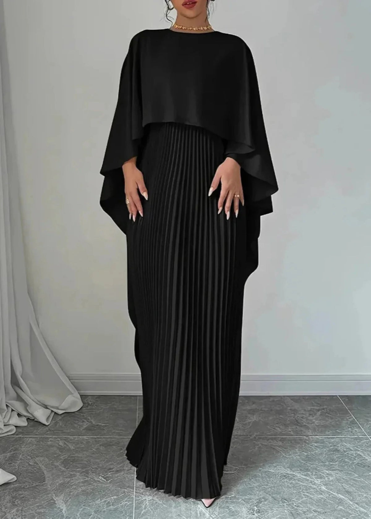 Women's Pleated Maxi Dress with Cape Overlay and Round Neckline