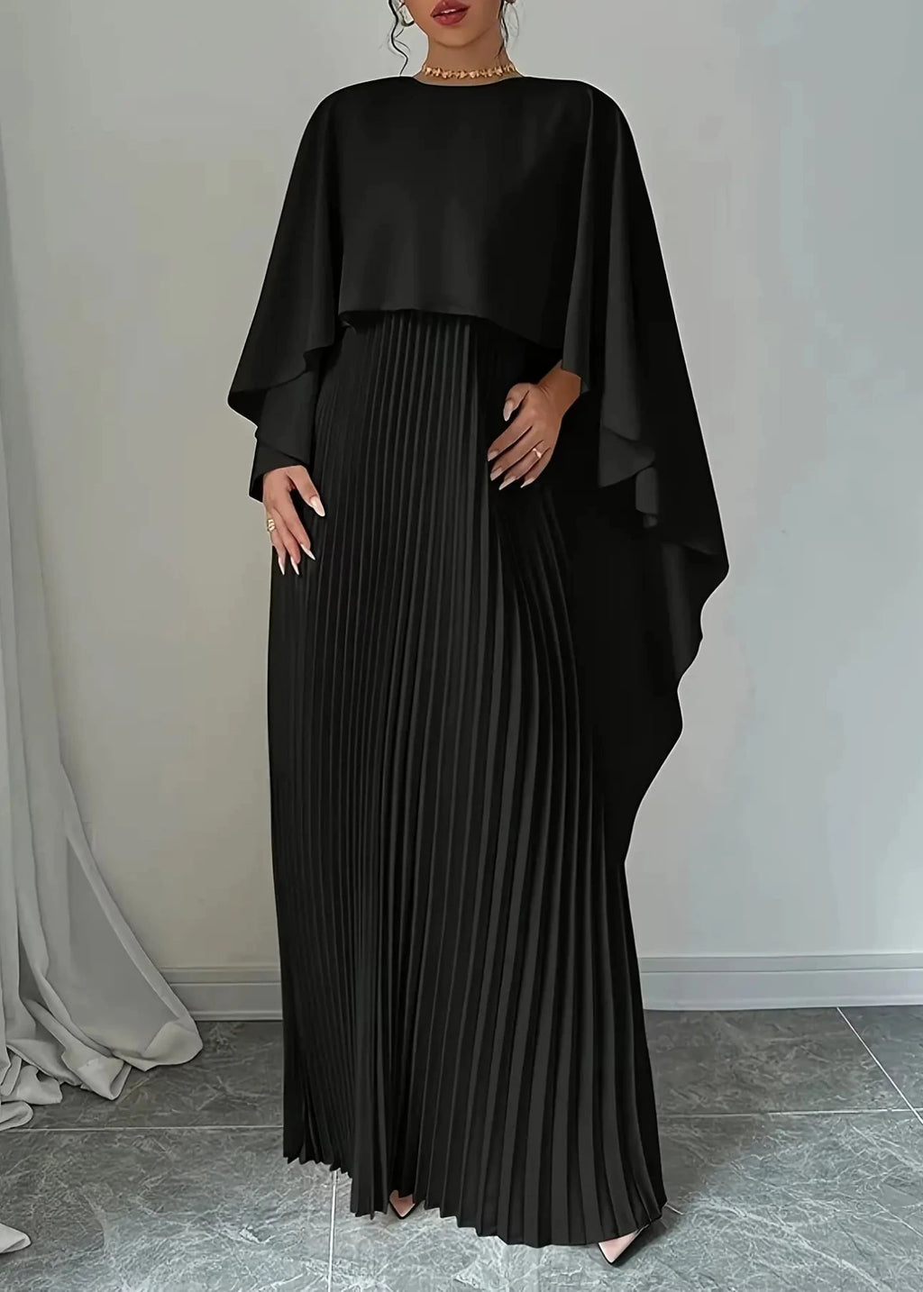 Women's Pleated Maxi Dress with Cape Overlay and Round Neckline