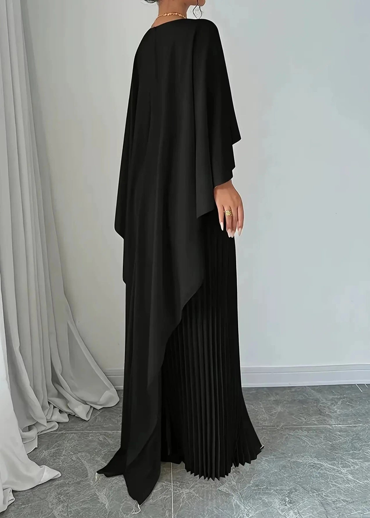 Women's Pleated Maxi Dress with Cape Overlay and Round Neckline